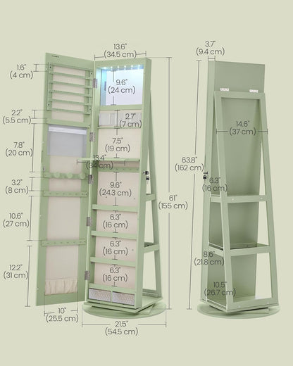 6 Leds Lockable Mirror Jewelry Cabinet, 360° Swivel Jewelry Organizer Armoire Standing, Frameless Full-Length Mirror, 3 Storage Shelves, Laurel Green Surface, Cream White Lining UJJC007C01