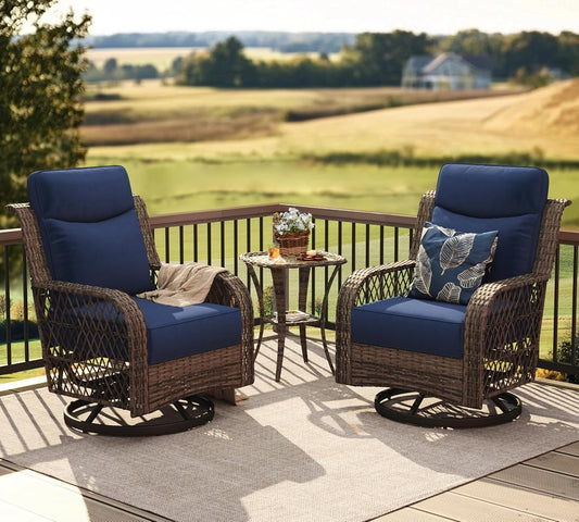 Outdoor Swivel Chairs 3 Piece Wicker Rocking Chairs Set Patio Furniture Set with Rattan Side Table Rocker Bistro Sets for Outside Porch Backyard (5" Thick Cushions and 25" Full Support Back)