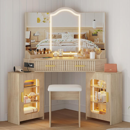 Corner Vanity Desk with Mirror and Lights, Makeup Vanities with 2 Fluted Drawers and Storage Cabinet, Power Outlet & 3 Light Settings, Dimmable for Women Girls, Natural Wood