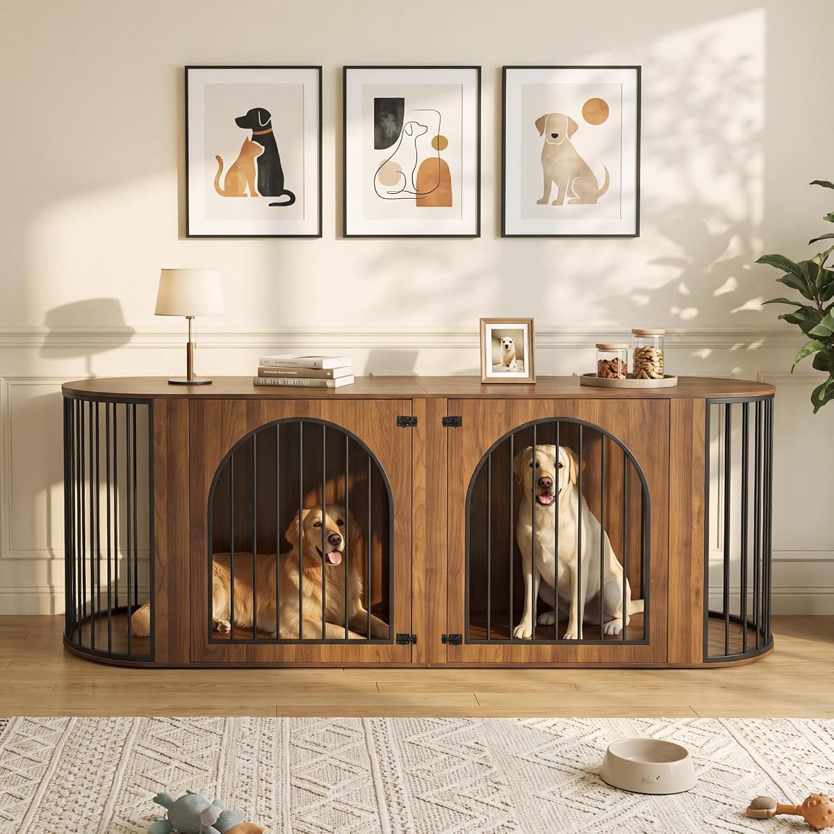 87"Double Dog Crate Furniture for 2 Dogs, Curved Dog Kennel TV Stand,Walnut