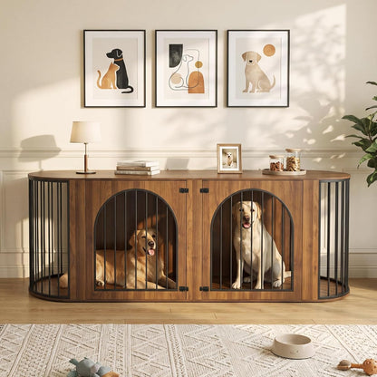 87"Double Dog Crate Furniture for 2 Dogs, Curved Dog Kennel TV Stand,Walnut