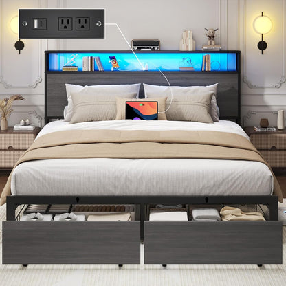 Full Bed Frame with Charging Station, LED Lights, 2 Drawers, Rustic Grey