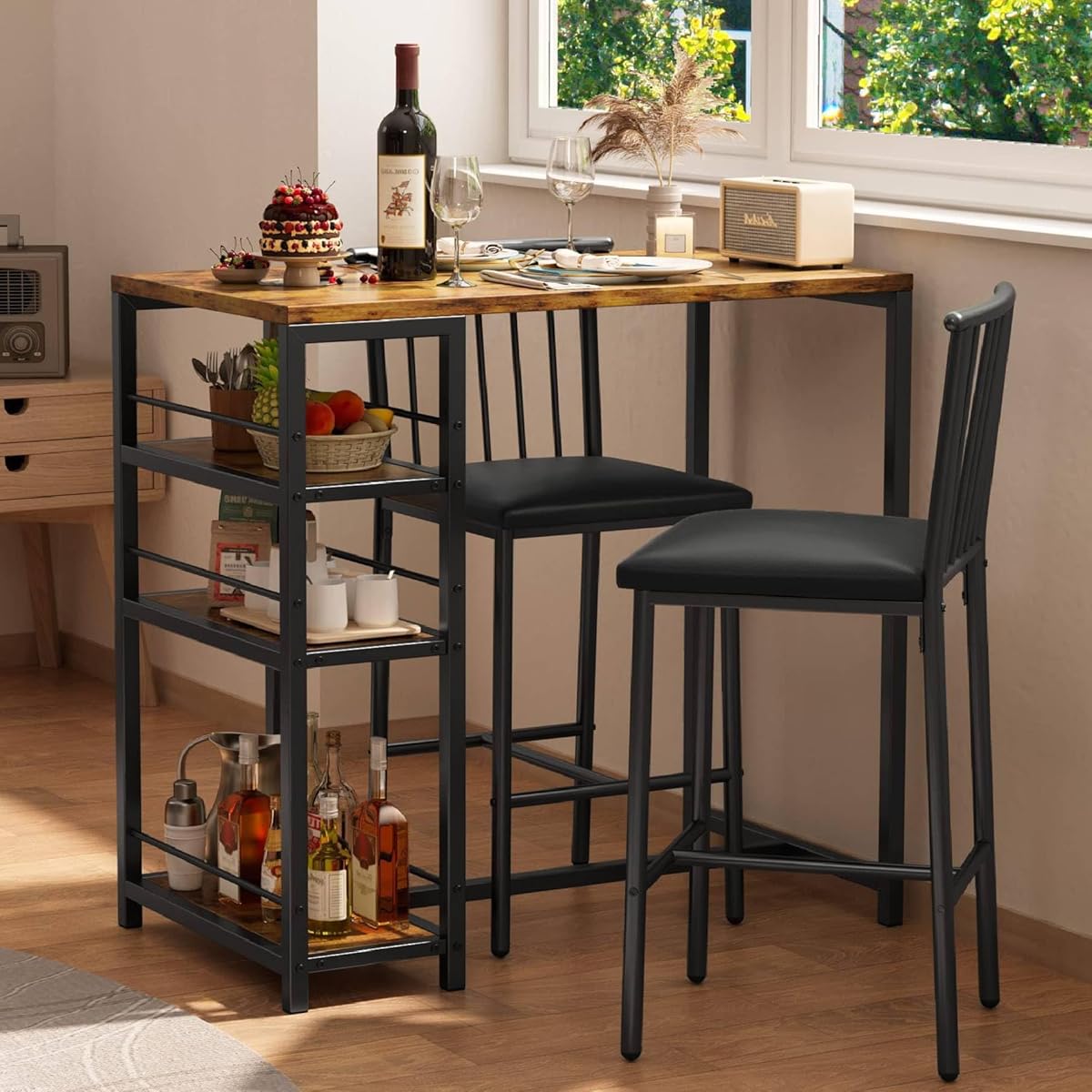 Dining Table Set for 2 with 3 Storage Shelves, Kitchen Table and Chairs for 2 with Pu Cushion Chairs & Thick Wood Top, 3 Piece Dining Table Set for Small Space, Apartment - Retro