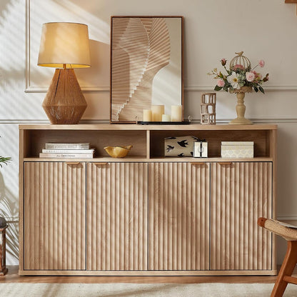 55-Inch Fluted Buffet Cabinet with 4 Doors,Natural Oak