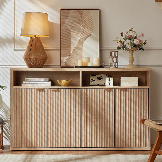 55-Inch Fluted Buffet Cabinet with 4 Doors,Natural Oak