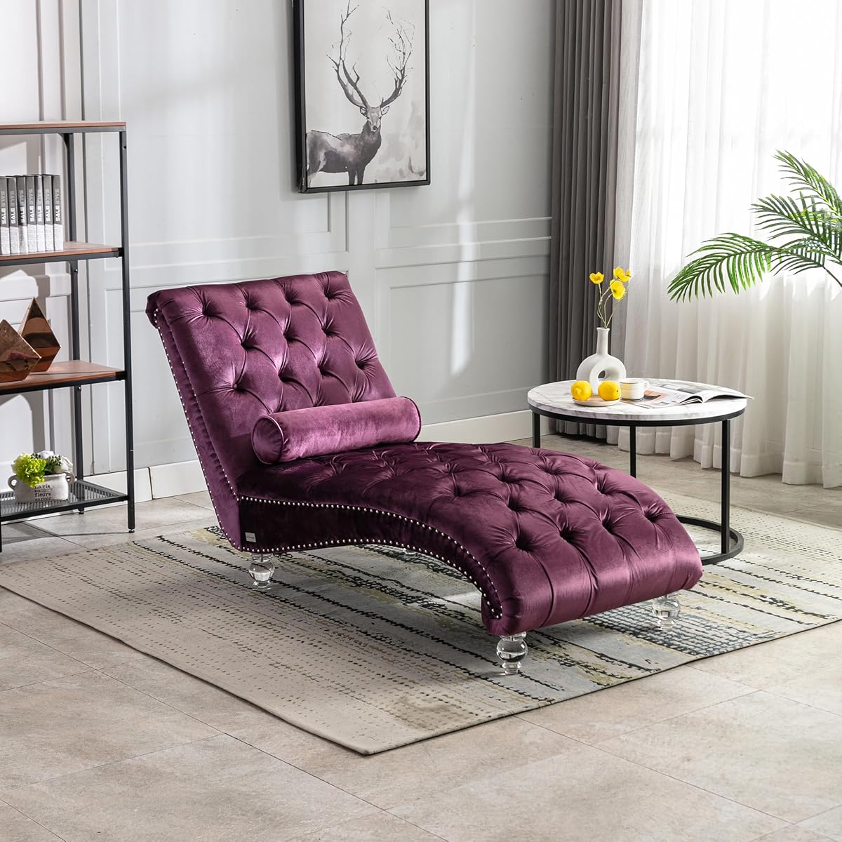 64" Velvet Chaise Lounge Chair Indoor with Ergonomic S-Shaped Backrest & 1