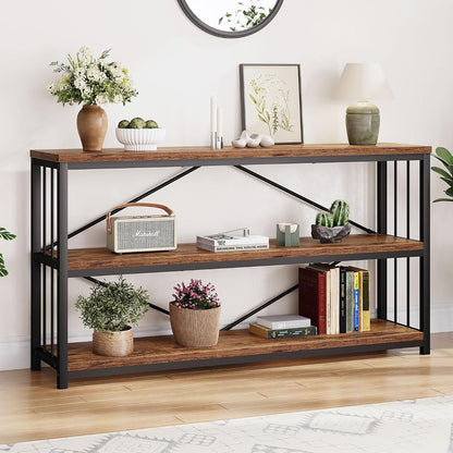 Industrial Console Entryway Table, Metal Wood Rustic Sofa Table with Storage, Farmhouse 3 Tier Shelf Long Hallway Foyer Entry Tables Behind Couch for Home Living Room Entryway, Rustic Brown, 55 In