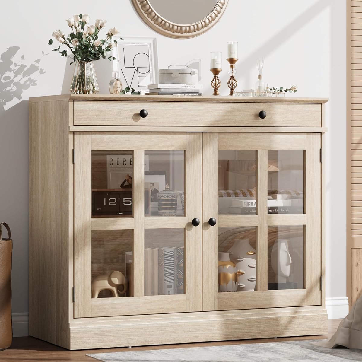 35.4 in Sideboard Buffet Cabinets with Glass Door, Buffet Cabinet with Storage, Oak Sideboard Cabinet with Drawer, Modern Buffets & Sideboards for Dining Room, Kitchen