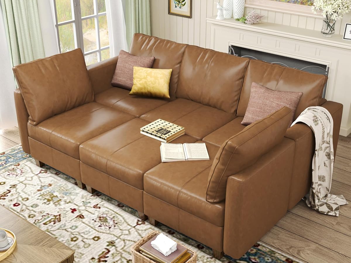 Faux Leather Modular Sleeper Couch Sectional Sofa Bed with Storage,Convertible Faux Leather Sectional Sofa,Brown