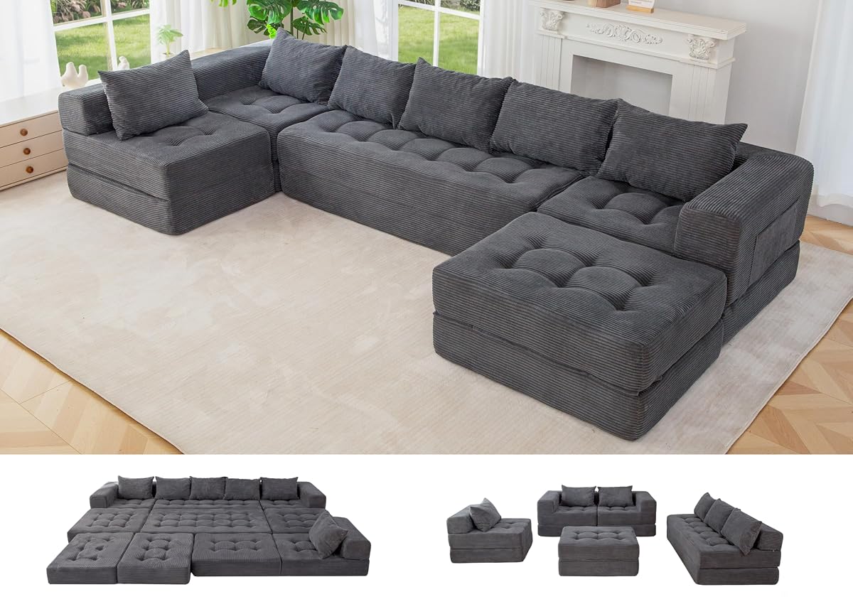 Modular Sectional Sofa Couch, Foldable U Shaped Cloud Couch with Pillows, Tufted 7-Seat Boneless Lounger Floor Sofa Bed for Living Room, No Assembly Required, Dark Grey