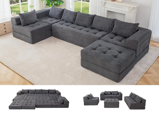 Modular Sectional Sofa Couch, Foldable U Shaped Cloud Couch with Pillows, Tufted 7-Seat Boneless Lounger Floor Sofa Bed for Living Room, No Assembly Required, Dark Grey