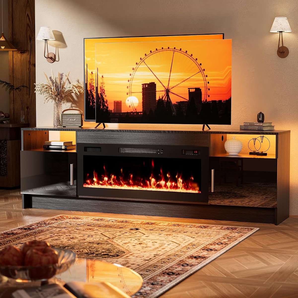 TV Stand with Fireplace and Led Light-Black Entertainment Center for 75+ inch