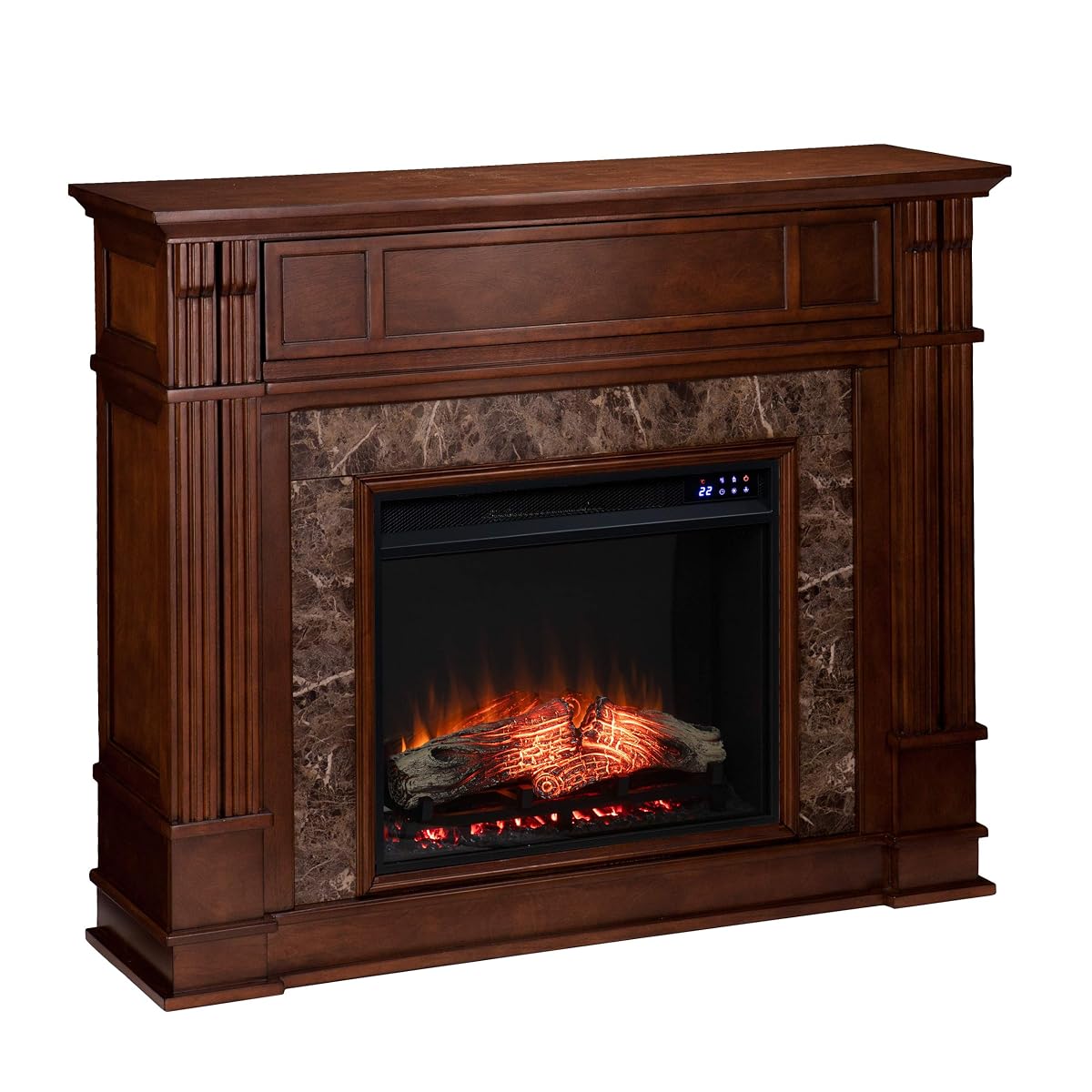 Highgate Media Touch Screen Electric Fireplace - Transitional Design, Brown Glass and Wood - Ideal for Living Room, Bedroom (FR9321)