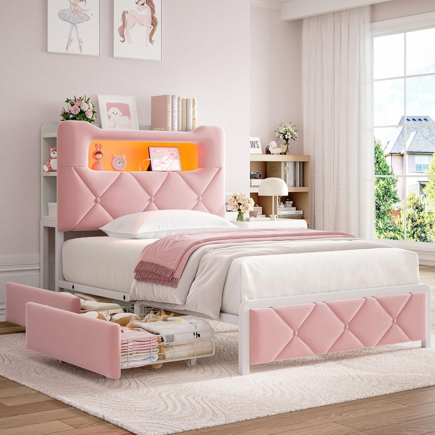 Twin Upholstered LED Bed Frame with 2 Storage Drawers and 2-Tier Storage Bookcase Headboard, Velvet Princess Platform Bed for Kids/Girls/Boys, Corner Bed Frame, Heavy Duty Metal Support, Pink