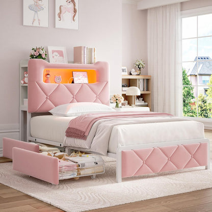 Twin Upholstered LED Bed Frame with 2 Storage Drawers and 2-Tier Storage Bookcase Headboard, Velvet Princess Platform Bed for Kids/Girls/Boys, Corner Bed Frame, Heavy Duty Metal Support, Pink