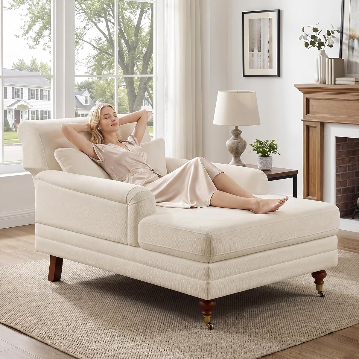 59.45'' Chaise Lounge Chair with Adjustable Backrest, Chenille Beige