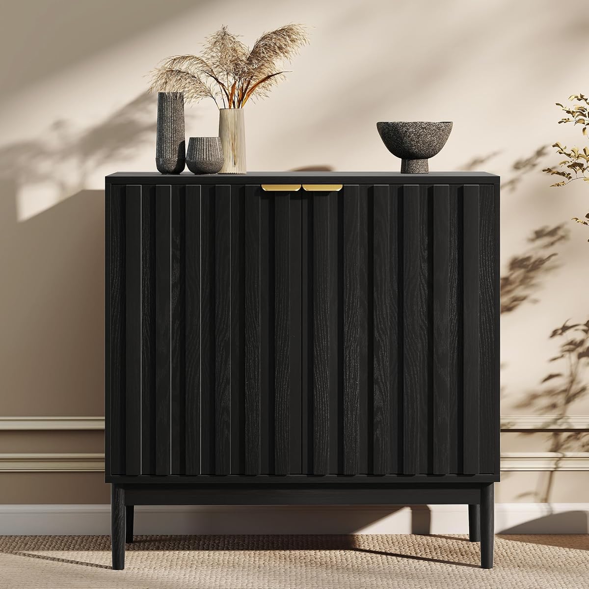 Fluted Buffet Cabinet with Storage, Small Accent Cabinet, Black