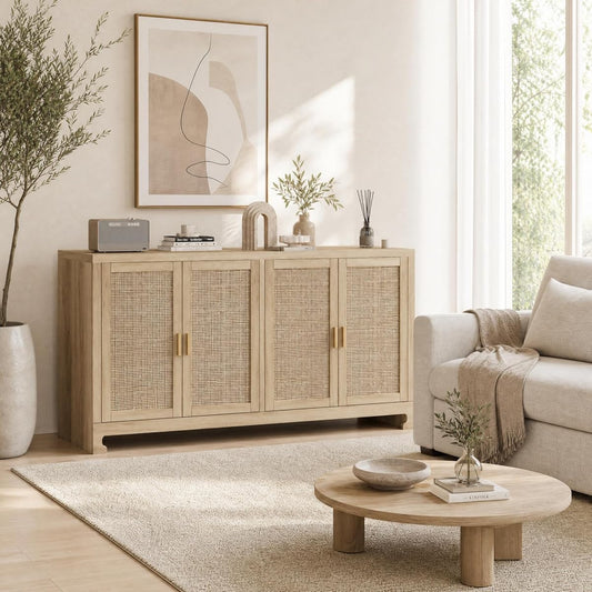 60" Rattan Buffet Cabinet, Farmhouse Storage Sideboard, Console Table, TV Stand