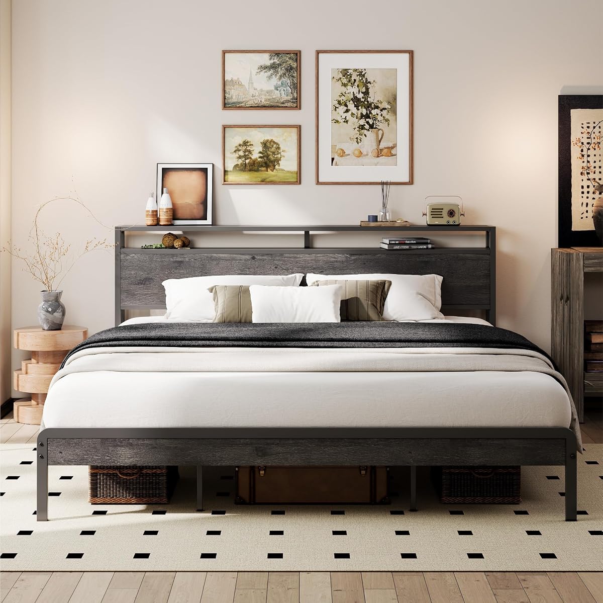 King bed frame with storage shelf