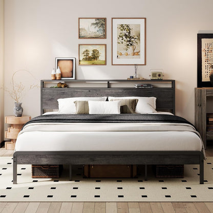 King bed frame with storage shelf