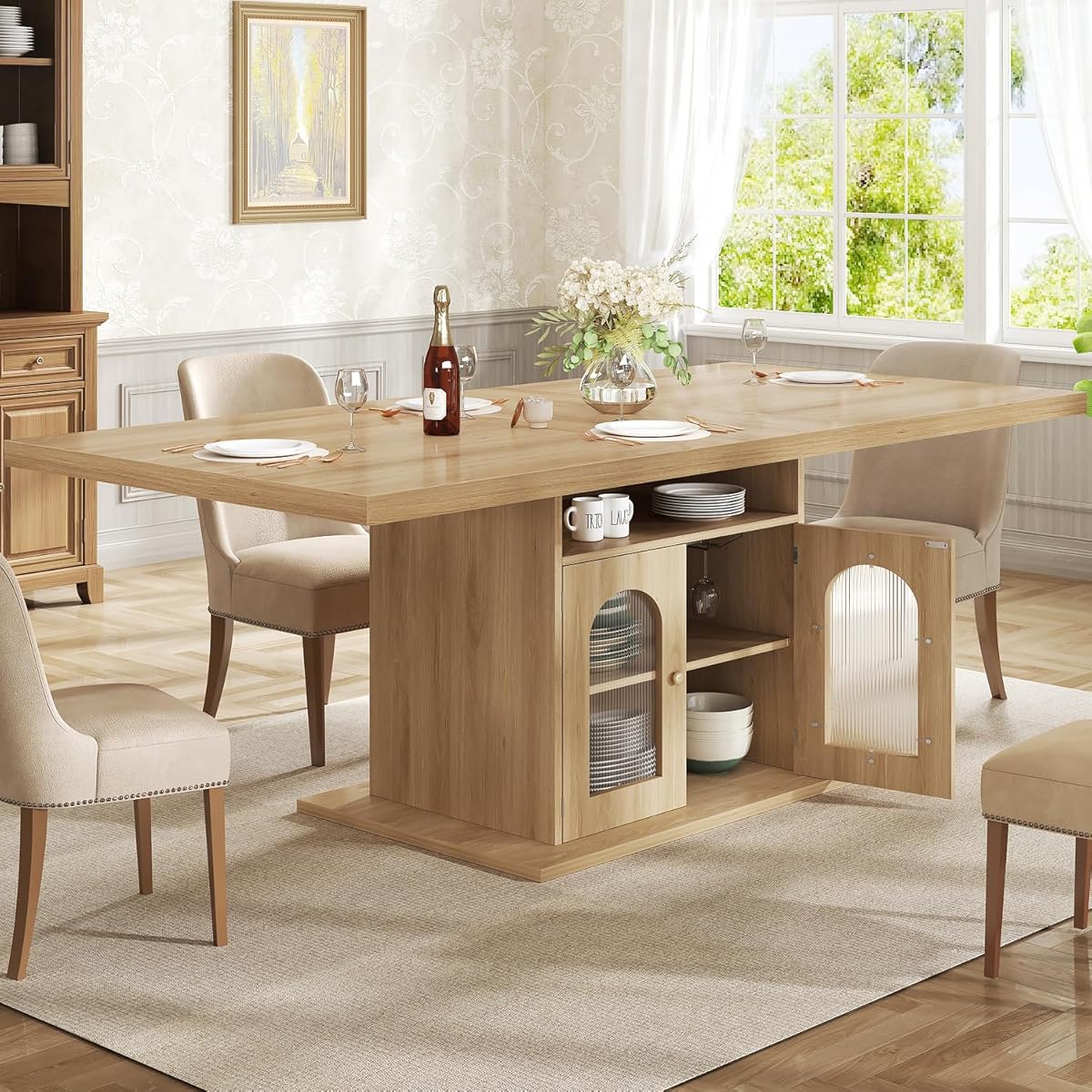 Dining Table for 4–6, 63 Inch Wood Farmhouse Kitchen Table with 3-Tier Storage Shelf and Acrylic Door Cabinet, Rectangular Modern Dining Room Dinner Table for Apartment Home Small Space, Light Oak