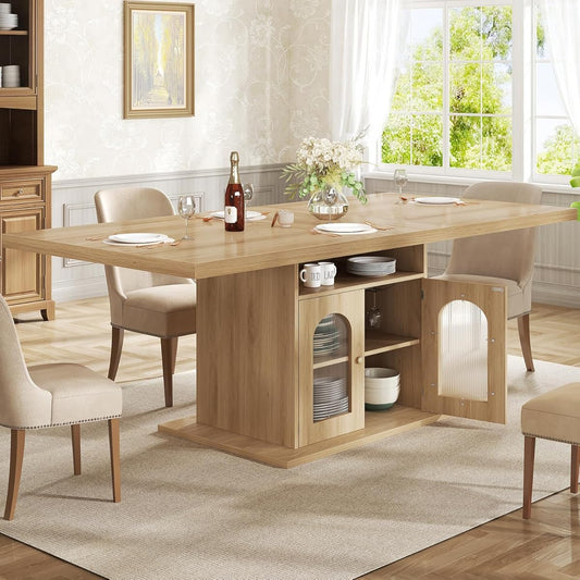 Dining Table for 4–6, 63 Inch Wood Farmhouse Kitchen Table with 3-Tier Storage Shelf and Acrylic Door Cabinet, Rectangular Modern Dining Room Dinner Table for Apartment Home Small Space, Light Oak