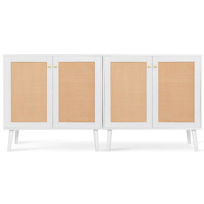 Boho Accent Storage Cabinet with Rattan Doors, Wood Grain Sideboard Buffet with Adjustable Shelves for Kitchen, Dining Room, Hallway, Living Room, Entryway, Coffee Bar, White