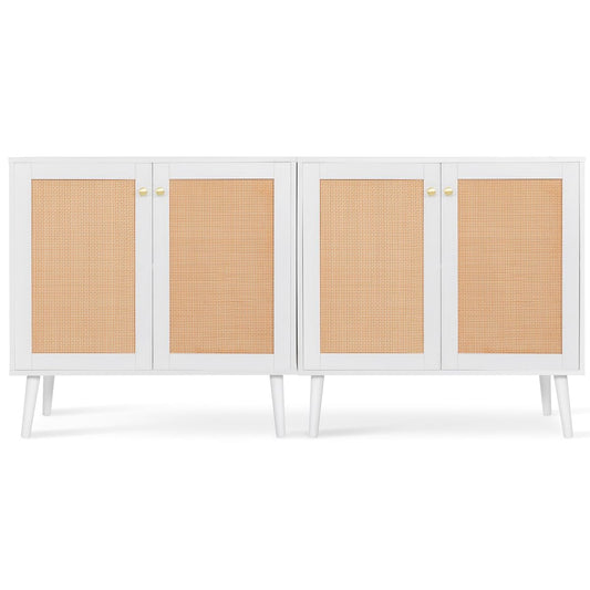 Boho Accent Storage Cabinet with Rattan Doors, Wood Grain Sideboard Buffet with Adjustable Shelves for Kitchen, Dining Room, Hallway, Living Room, Entryway, Coffee Bar, White