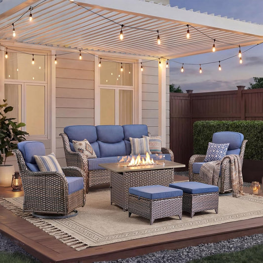 Luxury Patio Furniture Set with Fire Pit Table-6 Pieces All Weather Outdoor Swivel Rocker Chairs with Sofa and Ottomans. Outdoors Patio Conversation Sets for Porch Deck Garden Backyard(Brown/Blue)