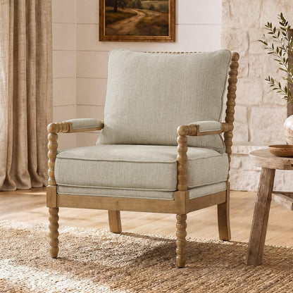 Linen Fabric Spindle Accent Chair with Wood Frame, French Style Accent Chairs with Padded Spring Seat and Armrest Pads, Brushed Base for Living Room Bedroom Farmhouse Office Balcony(Beige)