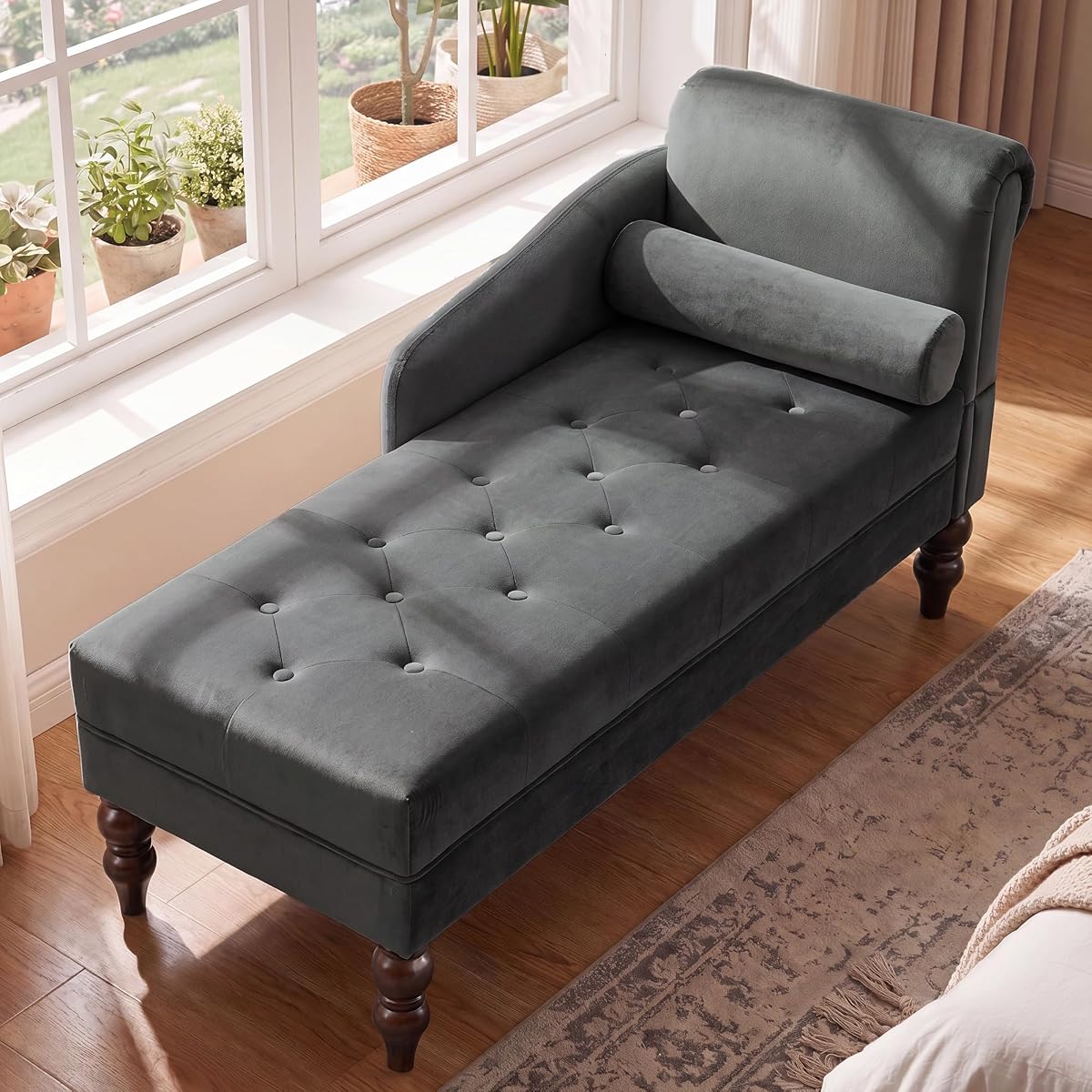Chaise Lounge Chair Indoor with Right Armrest, Velvet, Grey