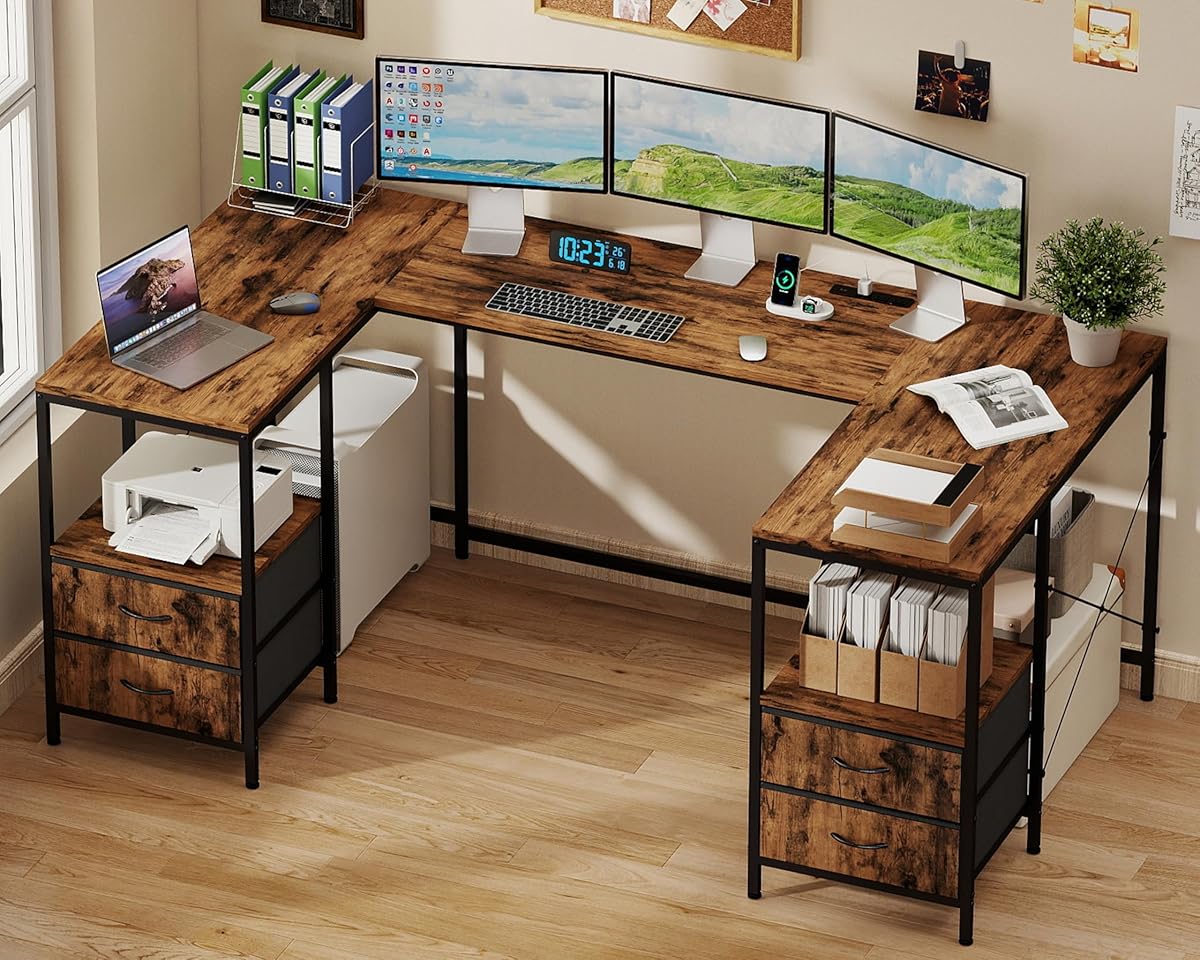 67" U Shaped Computer Desk - Reversible L Shaped Gaming Desk with 4 Fabric Drawers, Corner Desk U Shape for Home Office Work Study, Rusitc Brown