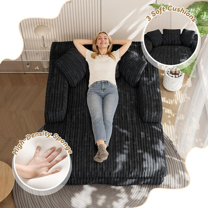 76" Oversized Chaise Lounge Chair Indoor, Cloud Boneless Sleeper Couch Corduroy Upholstered Sofa Bed Deep Seat Comfy Reading Chair with 3 Pillows for Living Room Bedroom, Black