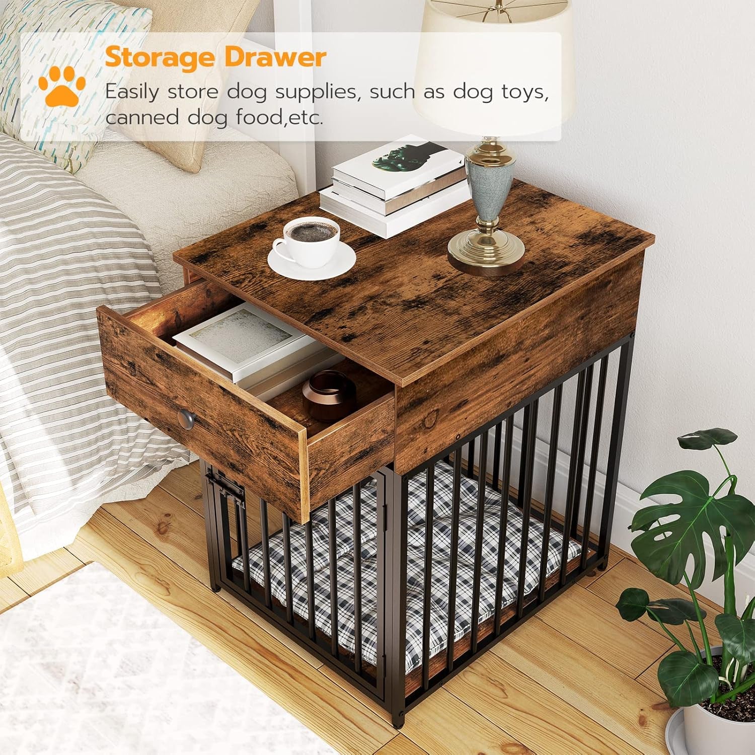 Dog Crate Furniture, Wooden Dog House, Decorative Dog Kennel with Drawer, Indoor Pet Crate End Table for Small Dog, Steel-Tube Puppy Cage, Chew-Proof, Rustic Brown and Black BF01GW03