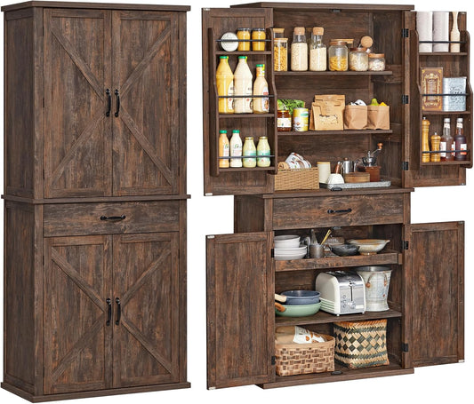 LIRY Collection - Pantry Cabinet, 70.3-Inch Tall Farmhouse Kitchen Storage Cabinet with Barn Doors, Drawer, Tray, Adjustable Shelves, for Kitchen, Dining Room, Hazelnut Brown UBBK364K01