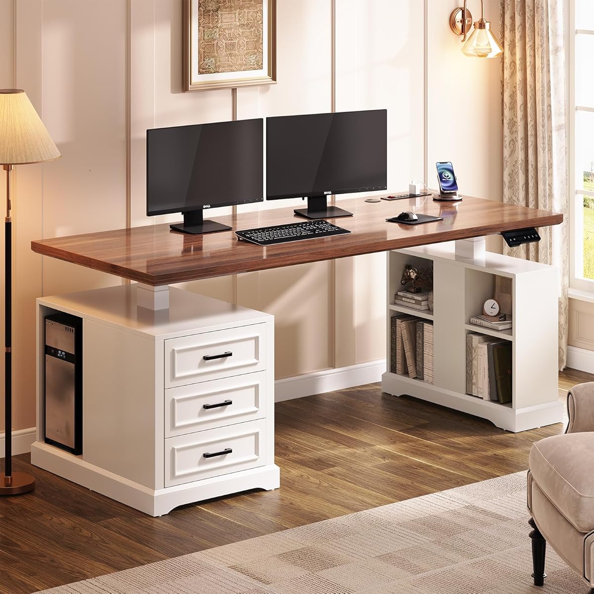 Farmhouse Electric Standing Desk, 63" Height Adjustable Computer Desk with 3 Drawers, Storage Shelves, Power Outlets, Wood Home Office Stand up Desk for Work, Study, Writing, White