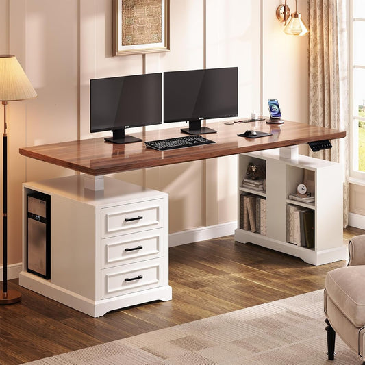 Farmhouse Electric Standing Desk, 63" Height Adjustable Computer Desk with 3 Drawers, Storage Shelves, Power Outlets, Wood Home Office Stand up Desk for Work, Study, Writing, White