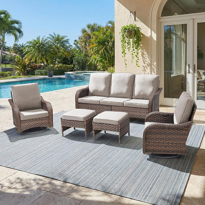 Patio Furniture Set - 5 Pieces All Weather Wicker Outdoor Couch Sofa 2 Swivel Chairs and 2 Ottomans, Ergonomic Design for Porch, Deck, Balcony, Garden, and Backyard(Beige)