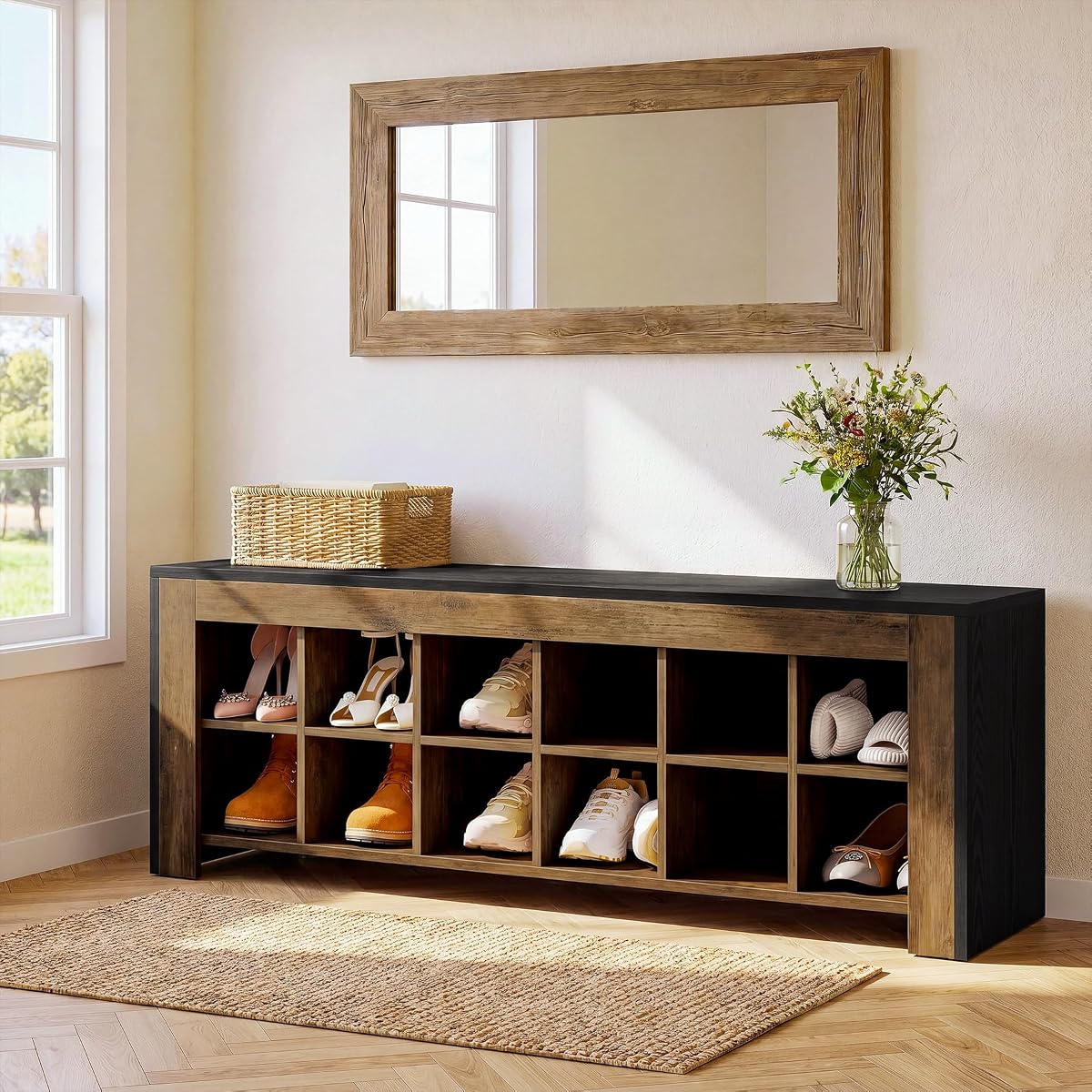 48-inch Farmhouse Entryway Bench, Wooden Shoe Storage Bench with 12 Cubbies & Compartments, Shoe Rack Organizer, Freestanding Shoe Cabinet for Hallway, Mudroom, Cloakroom, Bedroom