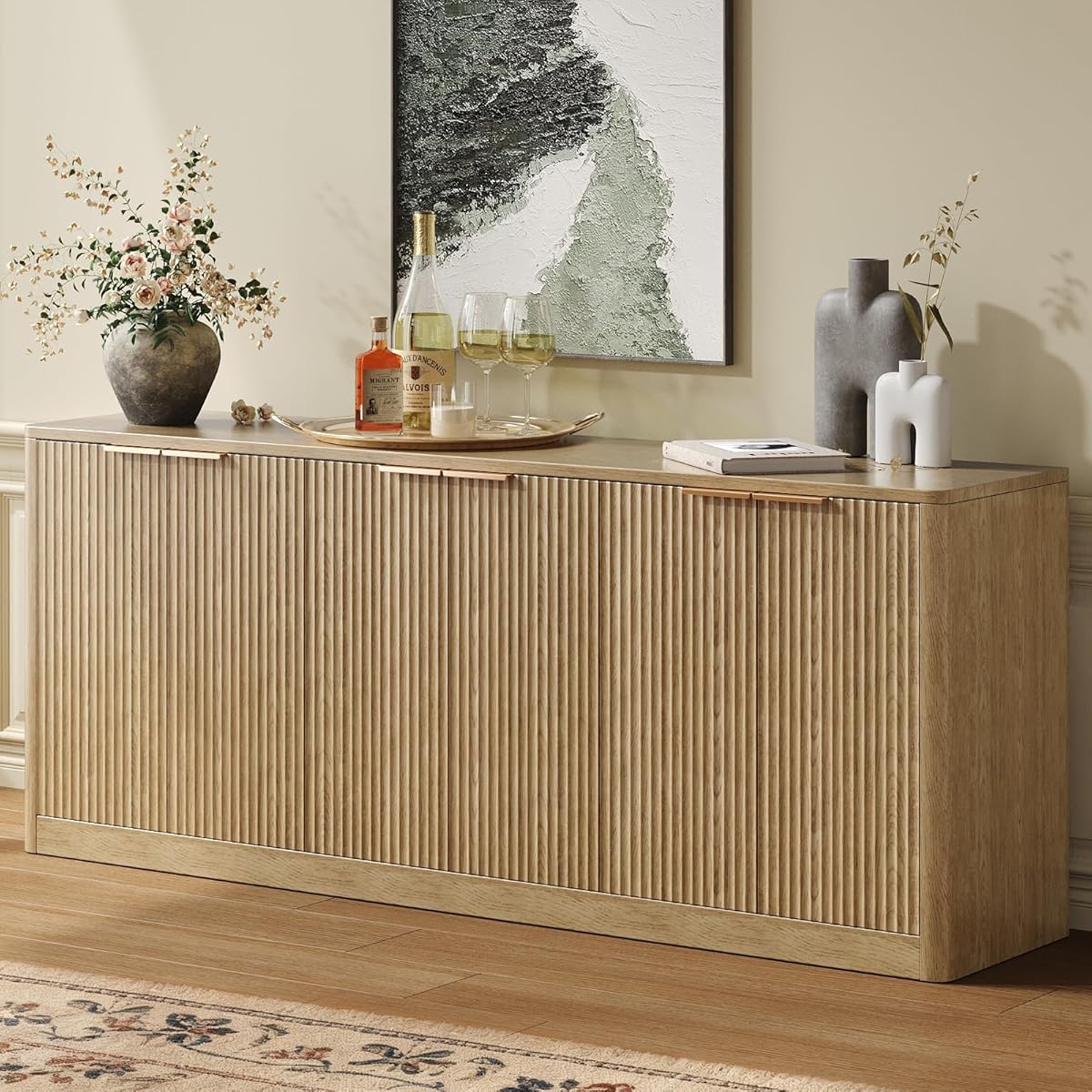 67" Fluted Oak Buffet Cabinet Sideboard with Storage, Large Credenza with 6 Doors, Wood Mid Century Modern Sideboard for Kitchen and Living Room (67"*31.5"*15.7")