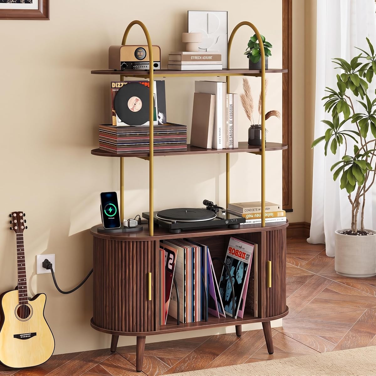 Tall Record Player Stand with Charging Station