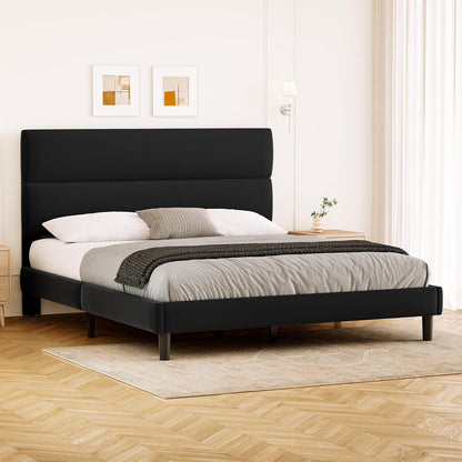 Queen Size Platform Bed Frame with Velvet Headboard