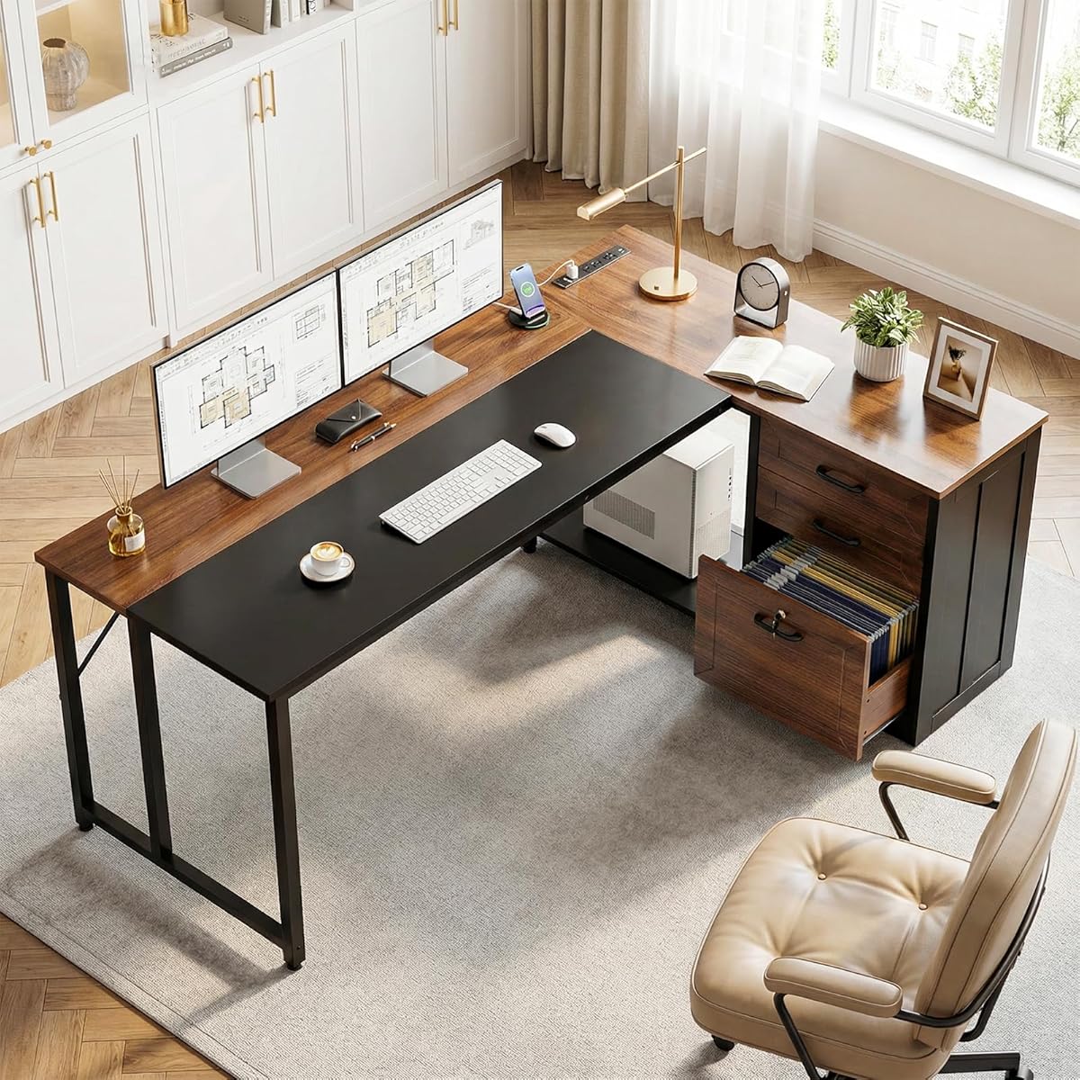 61" L Shaped Office Desk with Wood Drawers & Lockable File Cabinet, Reversible 21.7" D Corner Computer Desk with Built-in Power Outlets, Executive Desk for Home Office, Walnut