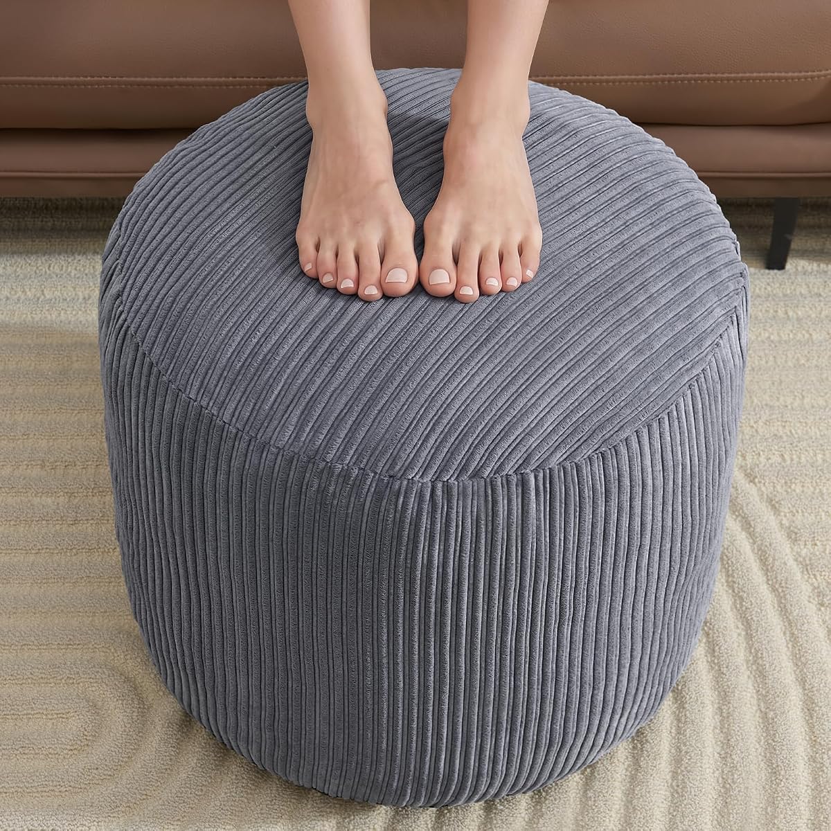 Pouf Ottoman, Corduroy Round Gray Foot Stools Ottomans, 20x15in