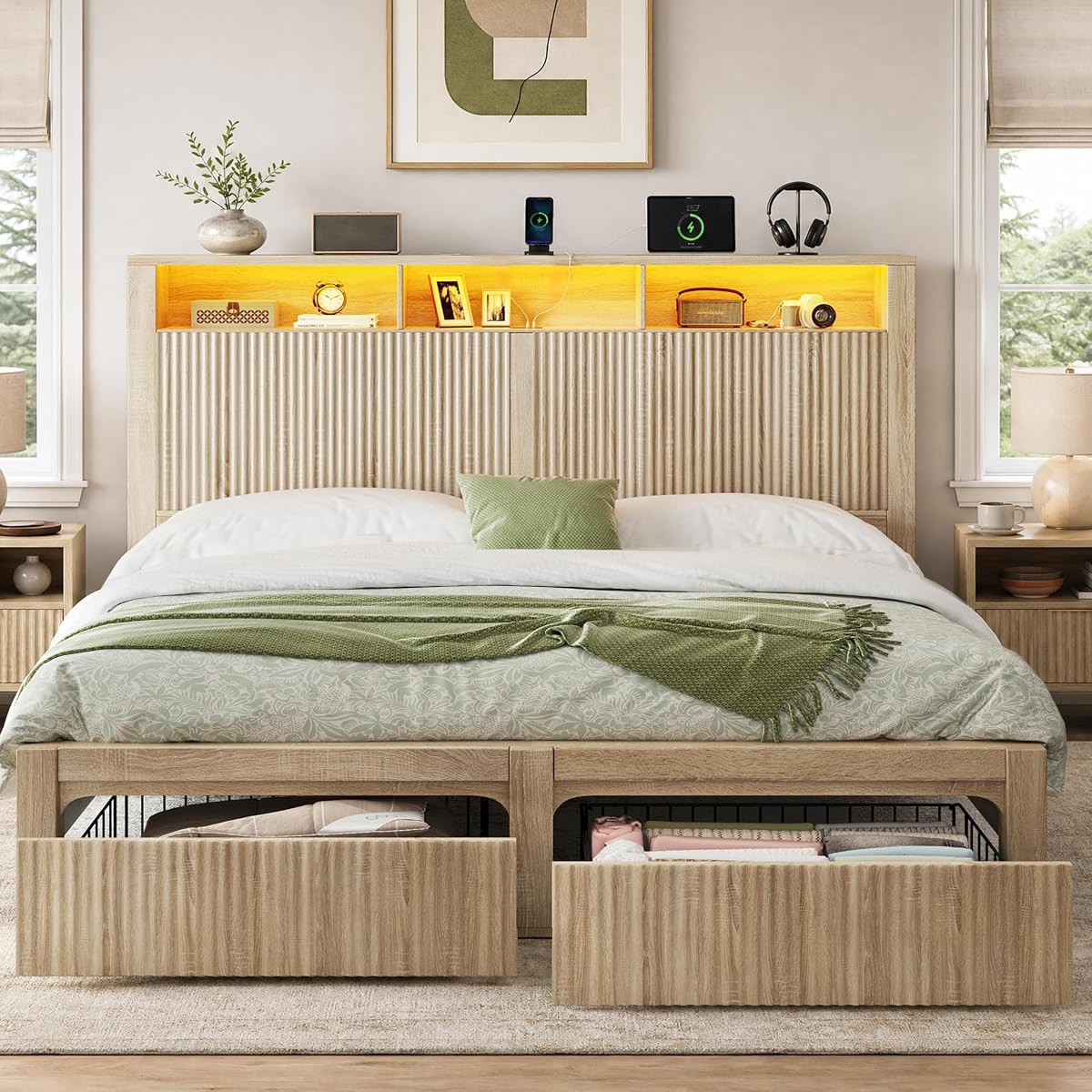 King Size Bed Frame and Headboard & 2 Storage Drawers,Wood