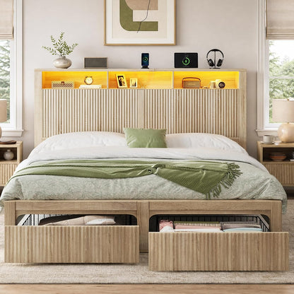 King Size Bed Frame and Headboard & 2 Storage Drawers,Wood
