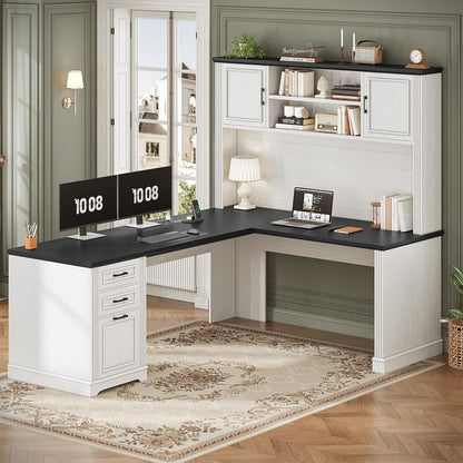 Farmhouse L Shaped Desk with Hutch and 3 Drawers, 68.9" Executive Office Desk with File Drawer and Power Outlet, Corner Computer Desk with Storage Shelves for Home Office, White