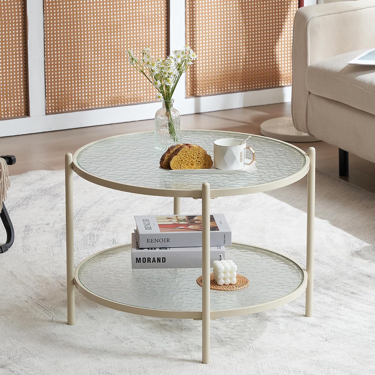 25.6" Small Cream White Round Coffee Table Water-Wave Glass Circle Clear Coffee Table, Center Table with 2-Tier Modern Storage Design for Living Room, Bedroom, Meeting Room, Balcony, Beige