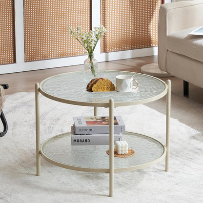 25.6" Small Cream White Round Coffee Table Water-Wave Glass Circle Clear Coffee Table, Center Table with 2-Tier Modern Storage Design for Living Room, Bedroom, Meeting Room, Balcony, Beige