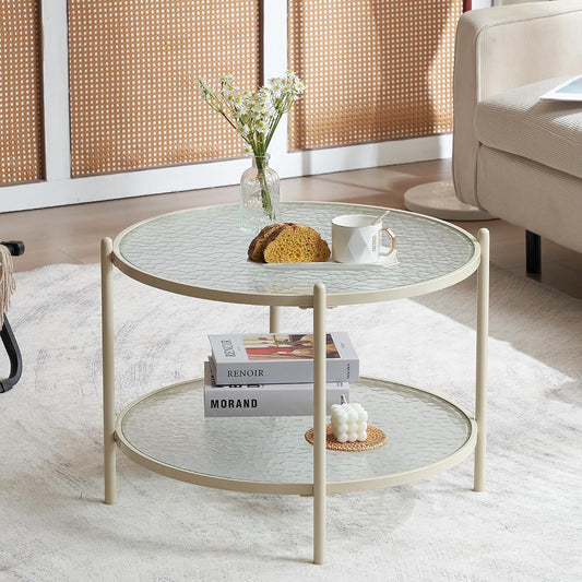 25.6" Small Cream White Round Coffee Table Water-Wave Glass Circle Clear Coffee Table, Center Table with 2-Tier Modern Storage Design for Living Room, Bedroom, Meeting Room, Balcony, Beige
